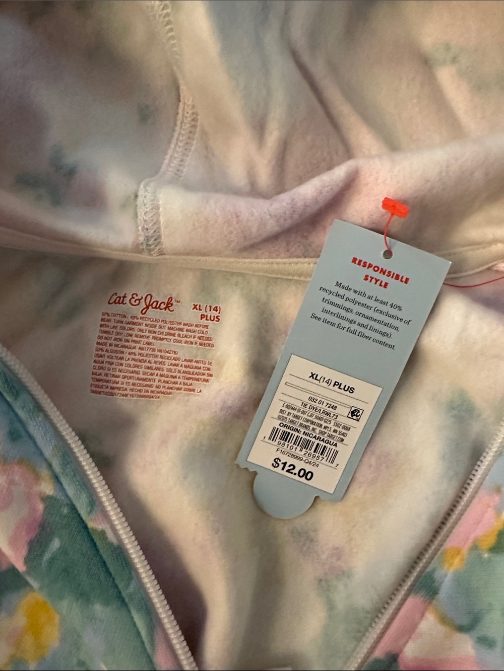 Cat & Jack Girls Tie-Dye Zip Hoodie in Pink, Teal, Yellow, Purple - Picture 5 of 5